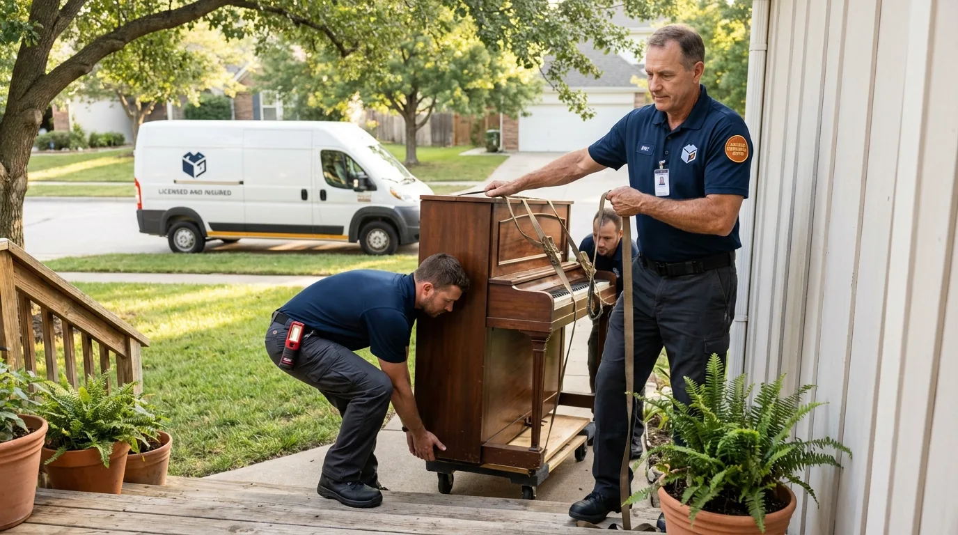 Licensed piano movers securing grand piano in Moca, PR