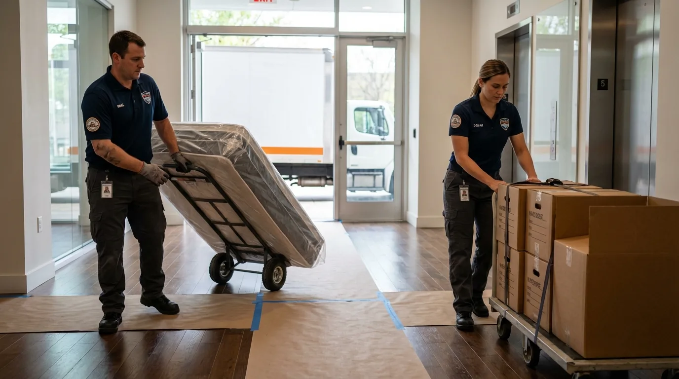 Professional apartment movers loading elevator in Moca, PR